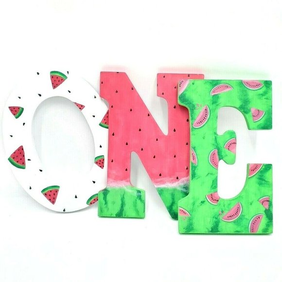 ''ONE'' Watermelon Theme Wooden Letters 9'' - Picture 1 of 2